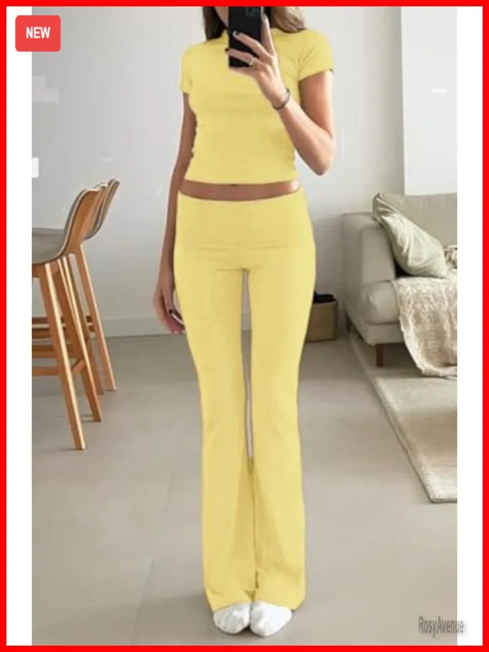 2 Piece Lounge Set - Crop Top & Foldover Flare Pants Pajama Outfit